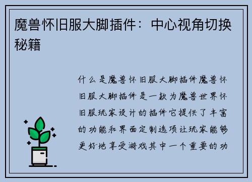 魔兽怀旧服大脚插件：中心视角切换秘籍